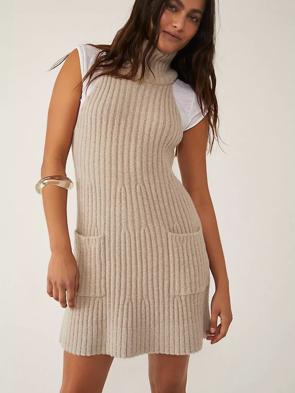 Free People Claude Turtleneck Sweater Dress XS Oatmeal Taupe - Picture 2 of 13